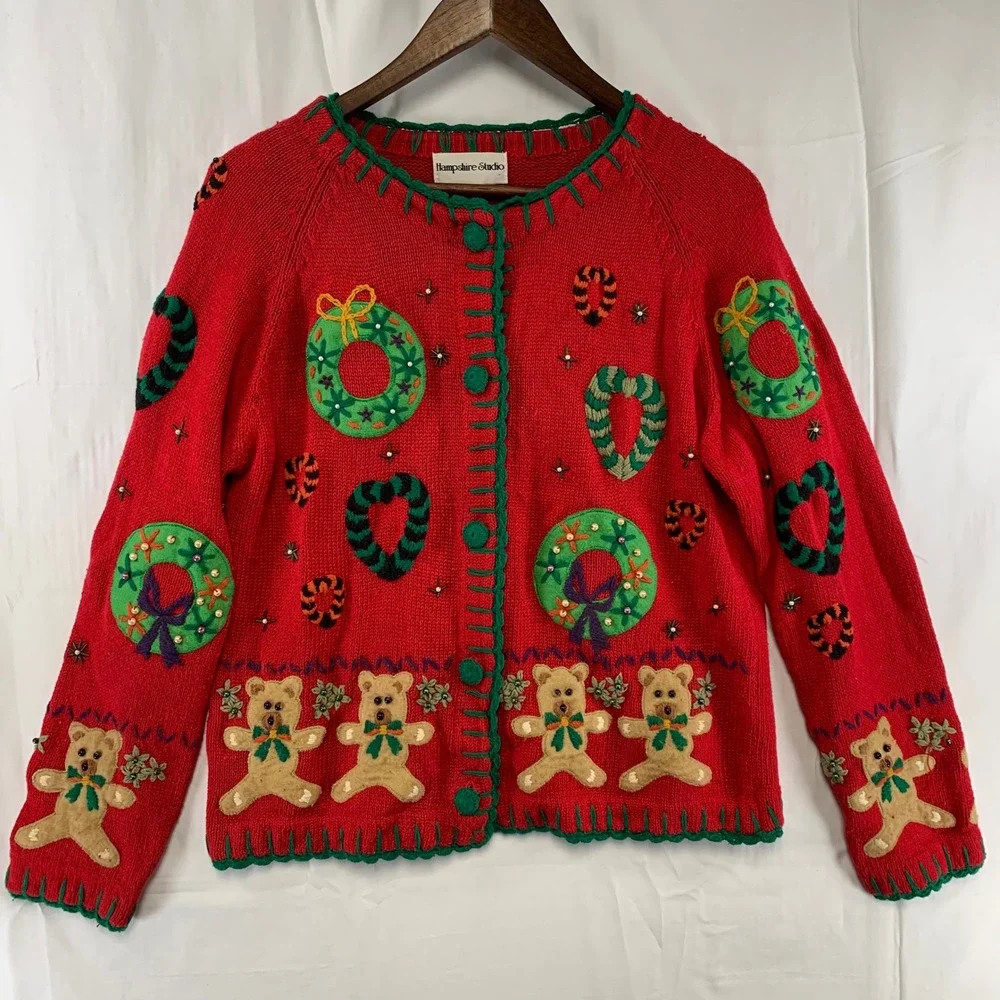 Hampshire Studio Cardigan Women M Red Christmas Teddy Bear Applique Sweater